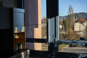 Blick durch die Fenster des Speziallabors in die Freiburger Landschaft